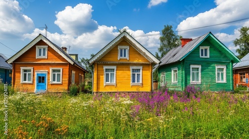 Colorful Traditional Wooden Houses in Picturesque Countryside