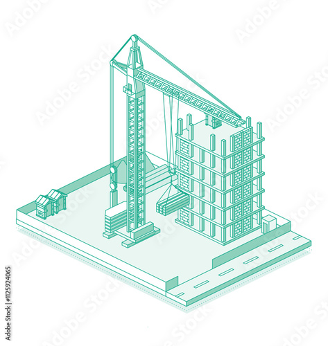 Construction site with crane and skyscraper. Process of building multi-storey building. Industrial technology. Outline style. Isometric monolithic frame building and tower crane.