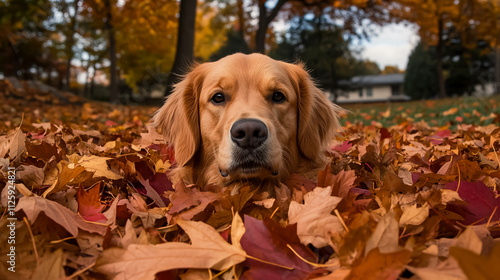 A golden retriever joyfully playing in a pile of autumn leaves.