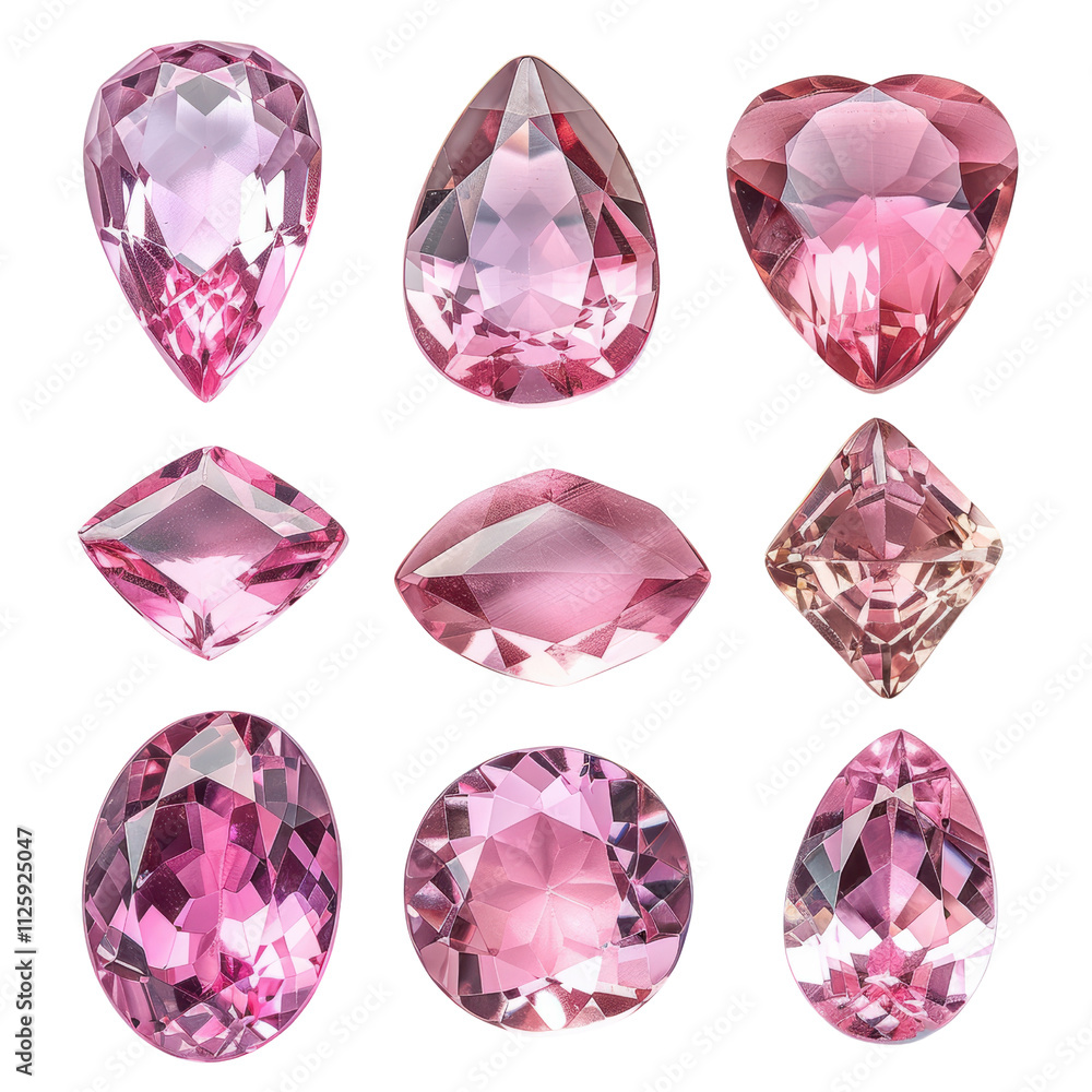 A Stunning Array of Cut Pink Gemstones Displayed Elegantly Against a Solid Transparent background for a Striking Visual Impact and Appeal A Stunning Array of Cut Pink Gemstones Displayed Elegantly Against a Solid Transparent background for a Striking Visual Impact and Appeal