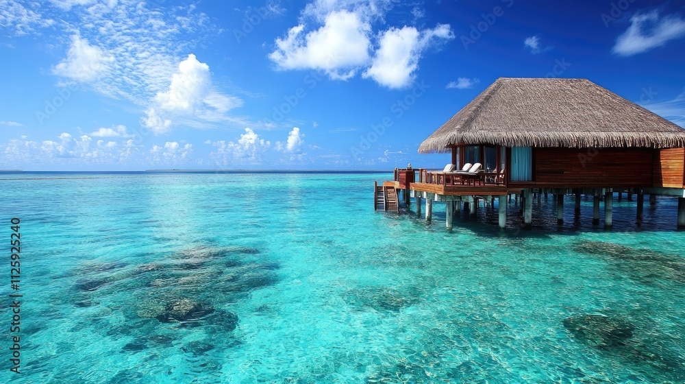 Overwater bungalow on turquoise ocean. Overwater bungalow on turquoise ocean.
