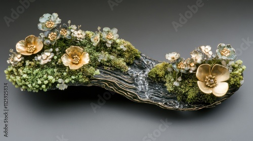 Gold and Silver Flowers on a Mossy Branch Brooch photo