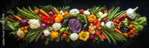 Vibrant assortment of fresh vegetables arranged on a dark background. photo