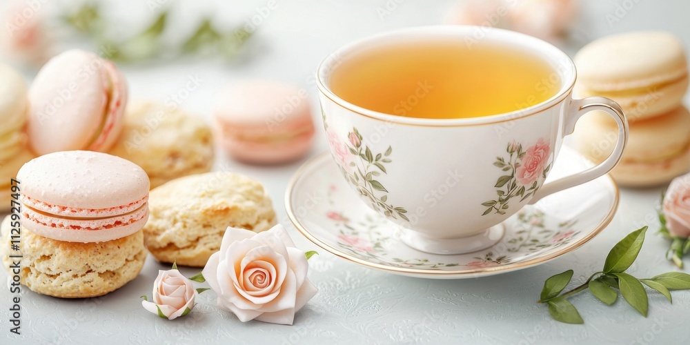 Tea and desserts in Victorian style concept. Delicate tea cup with macarons and roses on a soft background Tea and desserts in Victorian style concept. Delicate tea cup with macarons and roses on a soft background