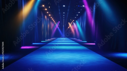 blue carpet onblue stage with red curtain background 