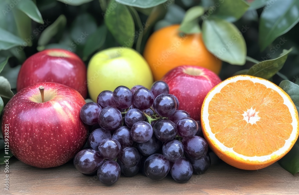 Fresh red and green apples, red grapes, and oranges on wooden surface with green leaves. Fresh red and green apples, red grapes, and oranges on wooden surface with green leaves.