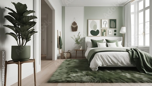 Modern bedroom interior with green accents. photo