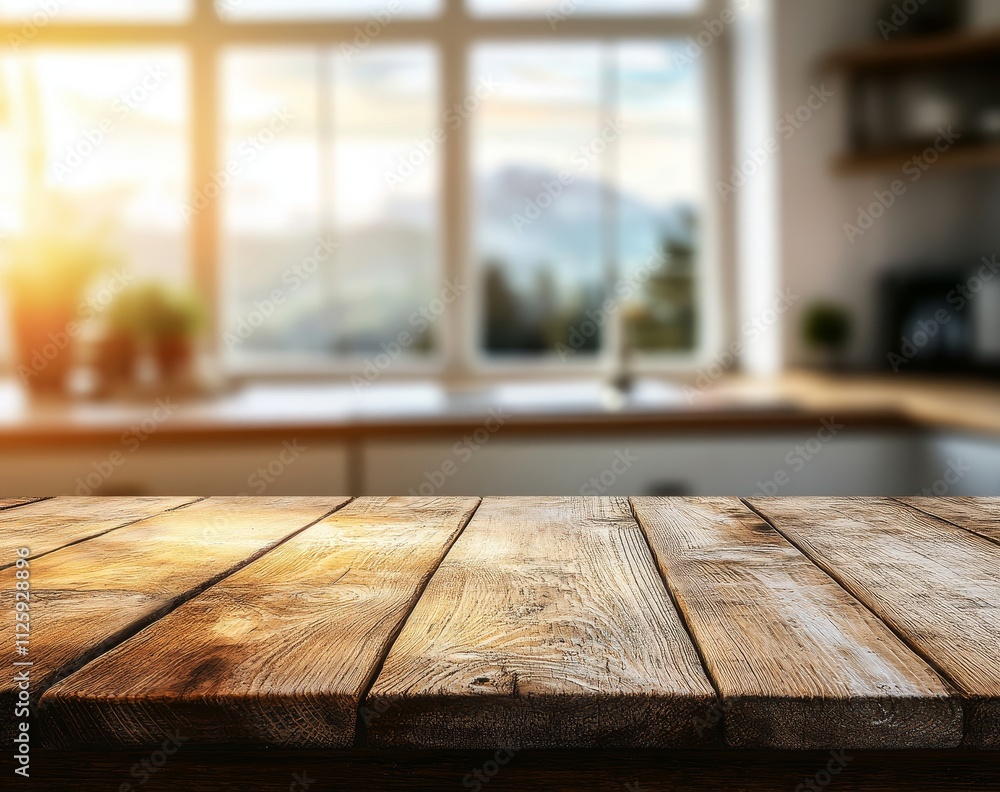 Rustic wooden table against blurred kitchen background with sunlit window. Rustic wooden table against blurred kitchen background with sunlit window.