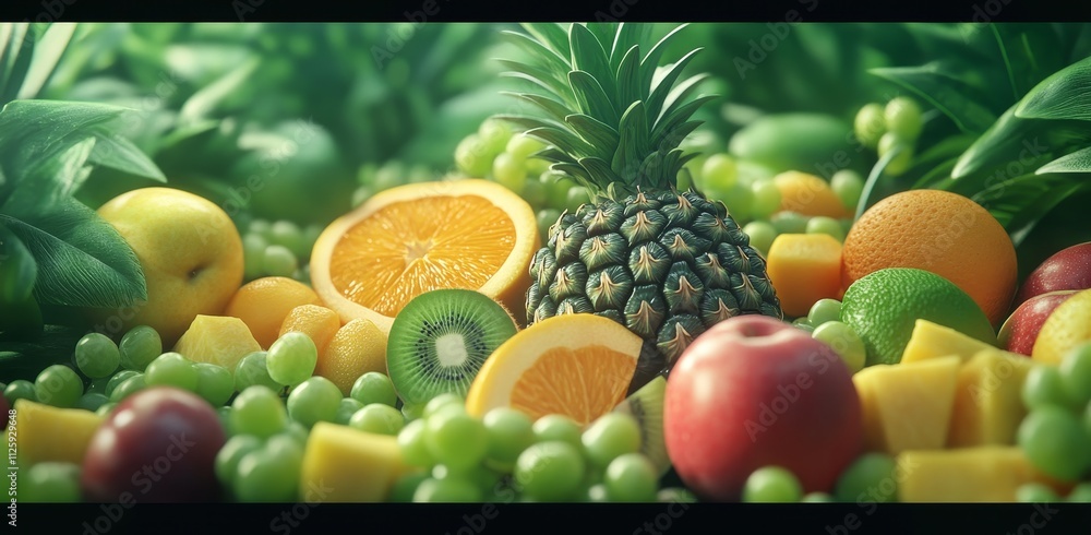 Vibrant assortment of fresh, ripe fruits including pineapple, oranges, kiwi, apples, mango, and grapes, bathed in sunlight. Vibrant assortment of fresh, ripe fruits including pineapple, oranges, kiwi, apples, mango, and grapes, bathed in sunlight.
