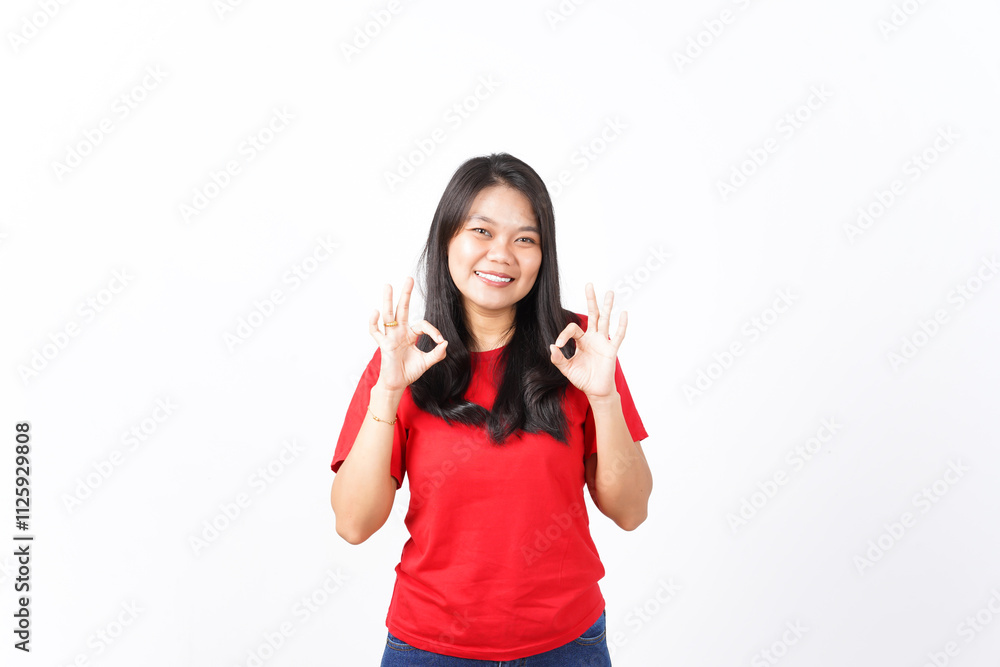Showing Okay Sign, Approve Concept Of Beautiful Asian Woman Wearing Red Shirt Isolated On White Background Showing Okay Sign, Approve Concept Of Beautiful Asian Woman Wearing Red Shirt Isolated On White Background