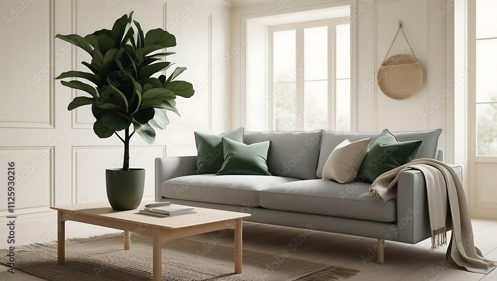 Minimalist living room interior with gray sofa, houseplant, and wooden furniture. Minimalist living room interior with gray sofa, houseplant, and wooden furniture.
