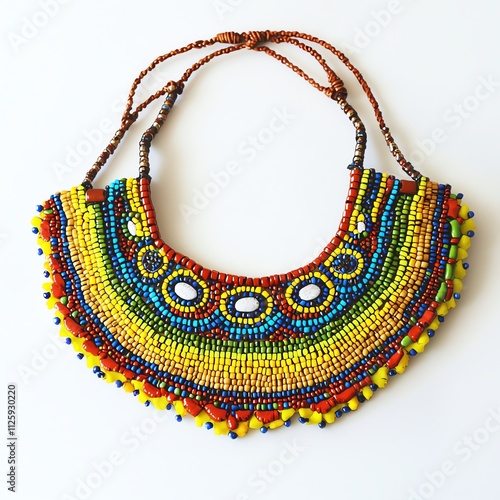 A vibrant, handcrafted beaded necklace featuring a colorful design with intricate patterns, perfect for adding a unique touch to any outfit.