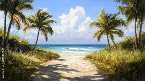 Strolling along an idyllic beach path to the ocean tropical paradise panoramic view coastal serenity nature's beauty