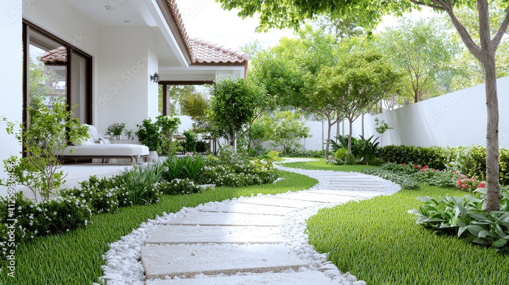 Serene garden path winding through lush greenery beside a modern house. Serene garden path winding through lush greenery beside a modern house.