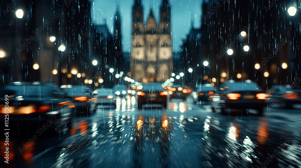 Rainy Night Cityscape Blurry Traffic Streetlights and Rain Rainy Night Cityscape Blurry Traffic Streetlights and Rain