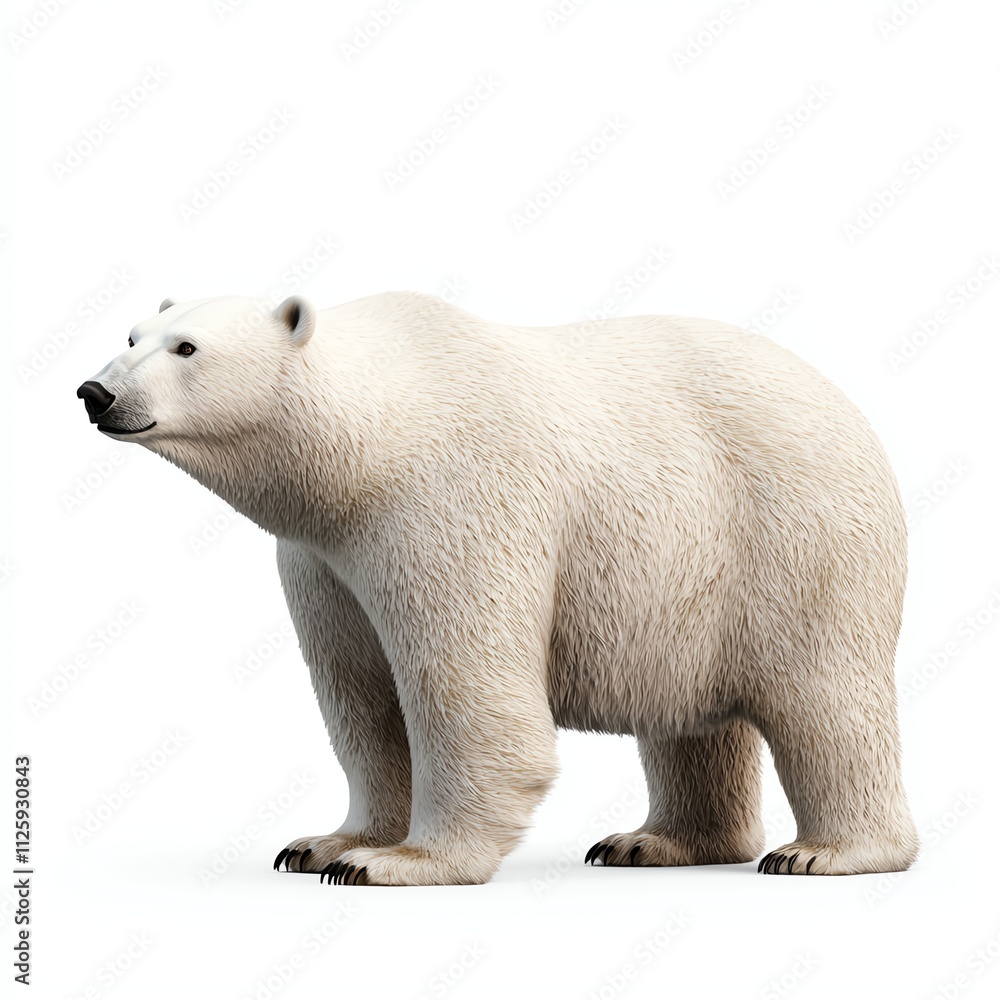 Fototapeta premium A realistic depiction of a polar bear standing on a white background, showcasing its thick fur and large stature.