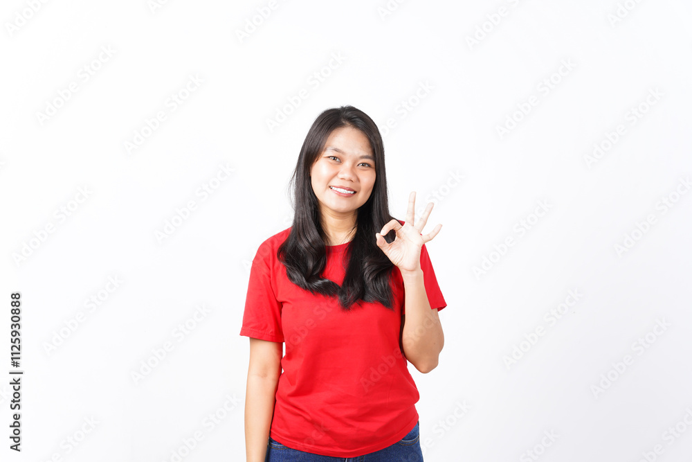 Showing Okay Sign, Approve Concept Of Beautiful Asian Woman Wearing Red Shirt Isolated On White Background Showing Okay Sign, Approve Concept Of Beautiful Asian Woman Wearing Red Shirt Isolated On White Background
