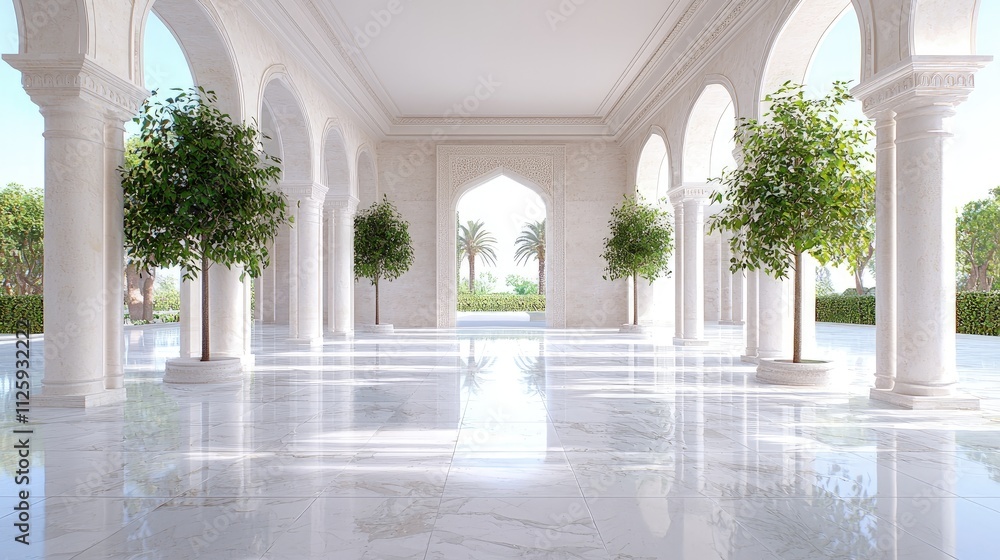 Sunlit marble courtyard with arched colonnades, potted trees, and a tranquil garden view. Sunlit marble courtyard with arched colonnades, potted trees, and a tranquil garden view.