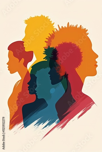 illustration featuring a group of stylized silhouettes or profiles in a variety of bright, contrasting colors. The composition has a bold, graphic quality, with the shapes and colors creating a sense 