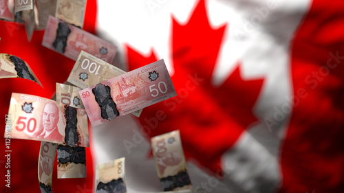 of Falling Canadian Currency Notes Against a Blurred Canadian Flag, Representing Economic Uncertainty and Potential Financial Instability in the Canadian Market.