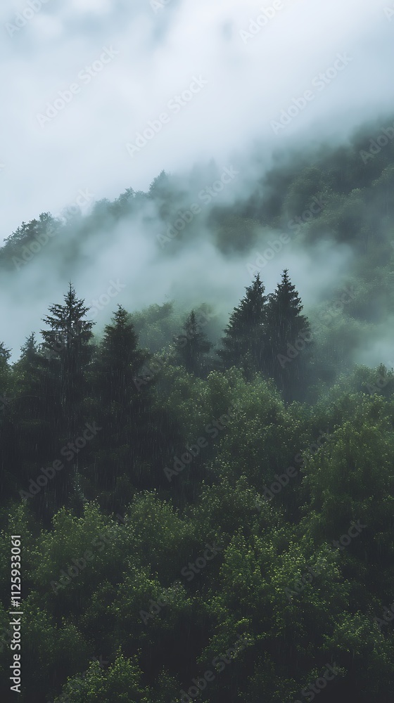 A misty forest landscape with dense trees and fog creating a serene atmosphere. A misty forest landscape with dense trees and fog creating a serene atmosphere.