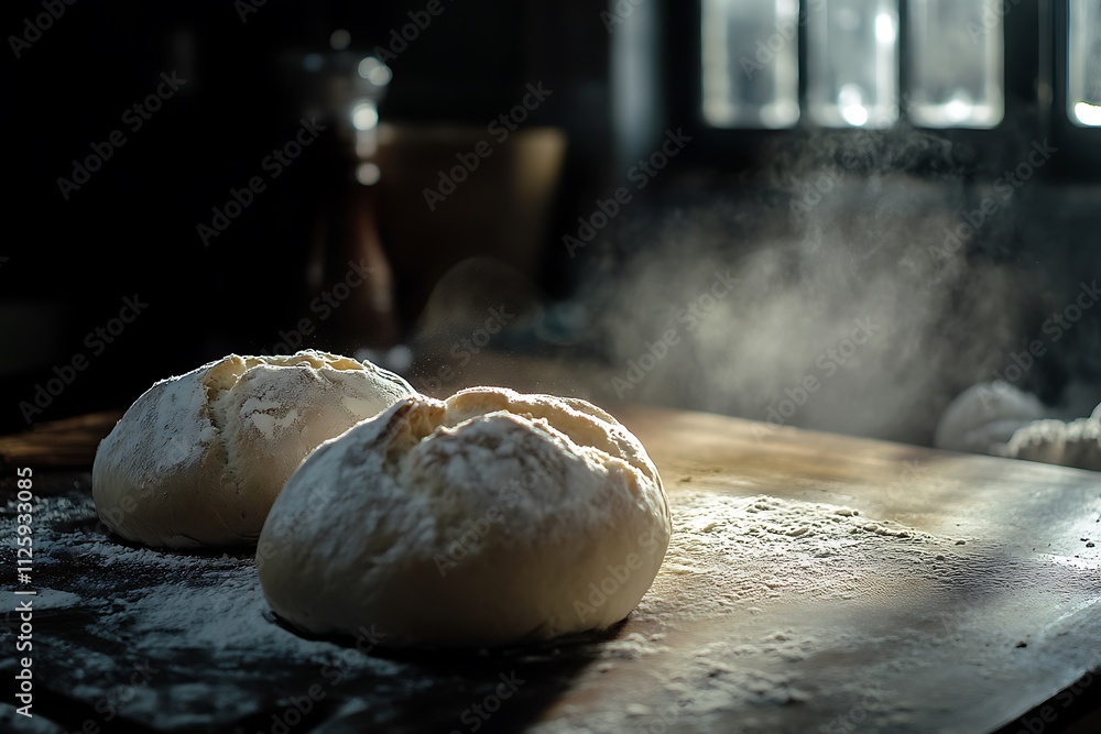 Two dough balls resting on a floured surface, illuminated by soft light. Two dough balls resting on a floured surface, illuminated by soft light.