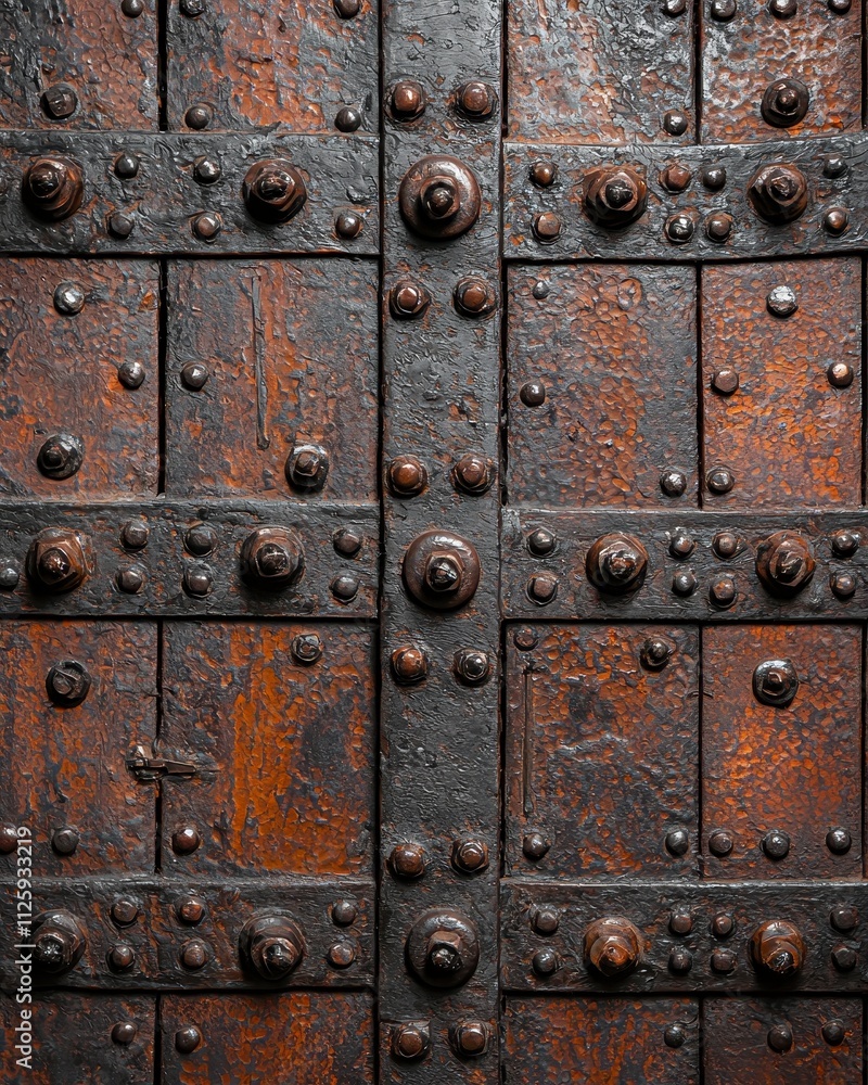 A weathered, ornate metal door with rivets and a rustic finish. A weathered, ornate metal door with rivets and a rustic finish.