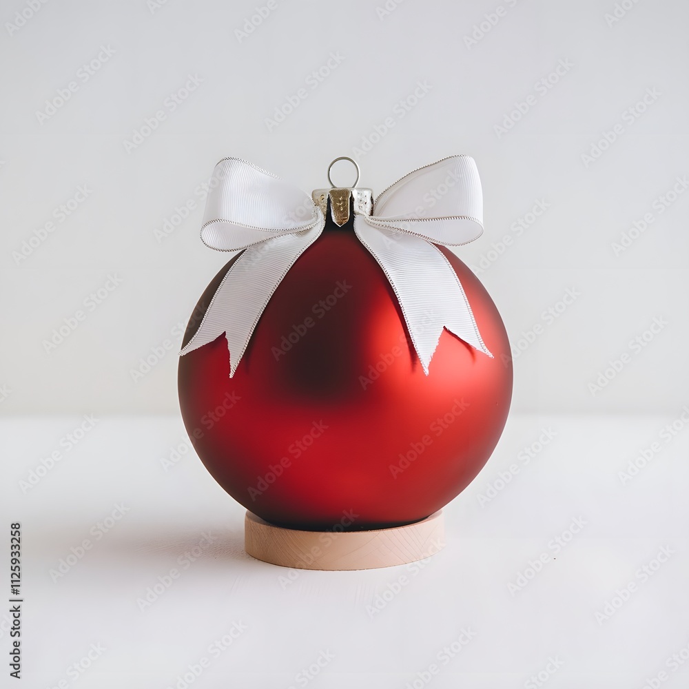 Minimalist Red Christmas Ornament with White Ribbon on a Neutral Background, Elegant Holiday Decoration Featuring Red Bauble with Bow, Christmas Ornament in Red with White Ribbon for Festive Decorat Minimalist Red Christmas Ornament with White Ribbon on a Neutral Background, Elegant Holiday Decoration Featuring Red Bauble with Bow, Christmas Ornament in Red with White Ribbon for Festive Decorat