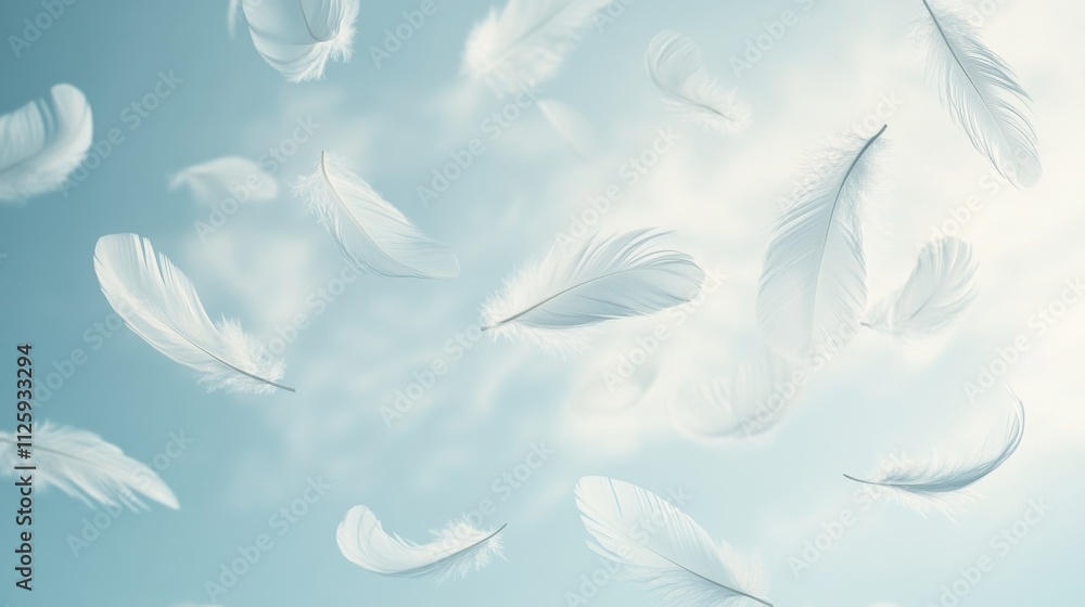 94.A collection of airy white feathers floating downward in a soft blue sky, showcasing their fine details and soft texture. The feathers appear to hover weightlessly, creating a calming and ethereal 94.A collection of airy white feathers floating downward in a soft blue sky, showcasing their fine details and soft texture. The feathers appear to hover weightlessly, creating a calming and ethereal