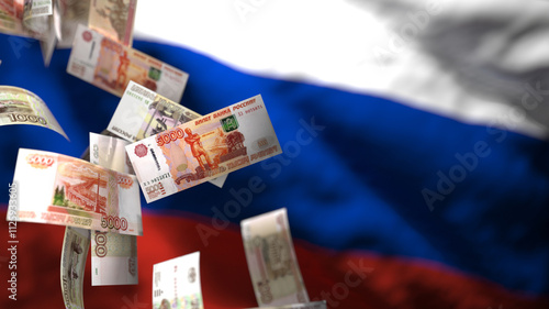 Quadro su tela A Visual Representation of Falling Russian Ruble Banknotes Against a Blurred Russian Flag, Highlighting Economic Instability and Sanctions Impact