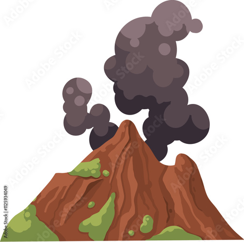 Volcano. Mountain eruption with fire lava explosion with smoke. Volcanic magma flow element for computer game landscape. Volcano vector isolated icon on white background