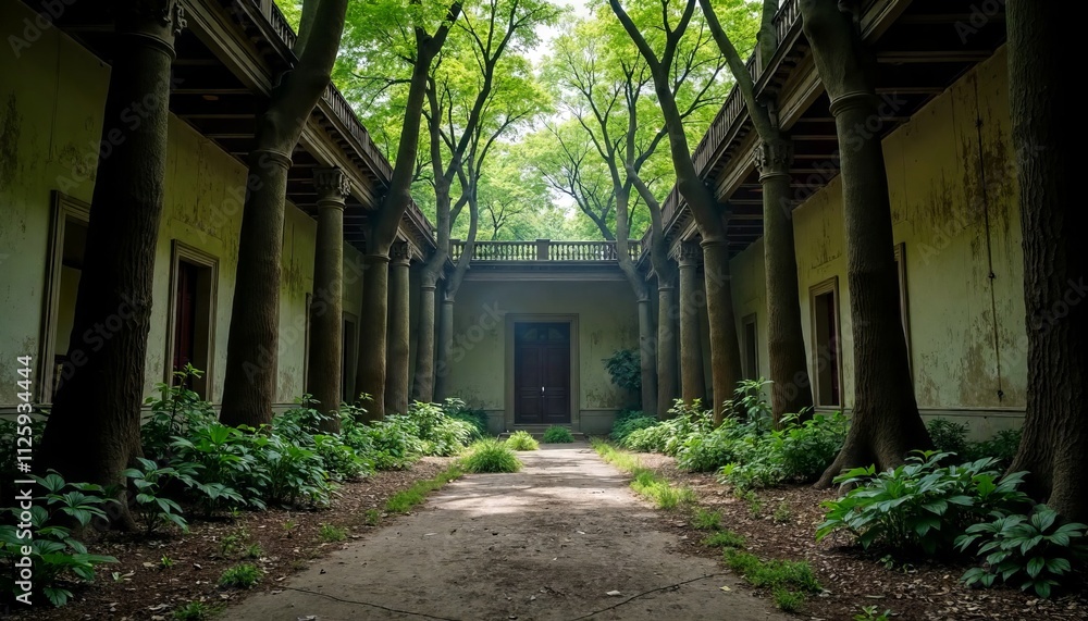 Overgrown Pathway Between Old Columns in Abandoned Nature Area Overgrown Pathway Between Old Columns in Abandoned Nature Area