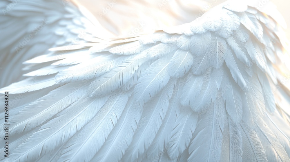 Obraz premium 35.High-detail 3D illustration of white angel wings with soft, layered feathers and a subtle, heavenly glow; the wings appear light and feathery, as if gently floating, creating a calming and divine