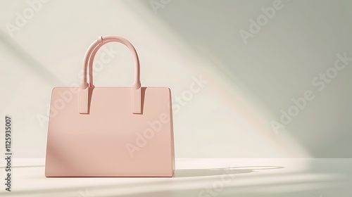 A stylish handbag in pastel pink, placed on a white surface with a subtle shadow.