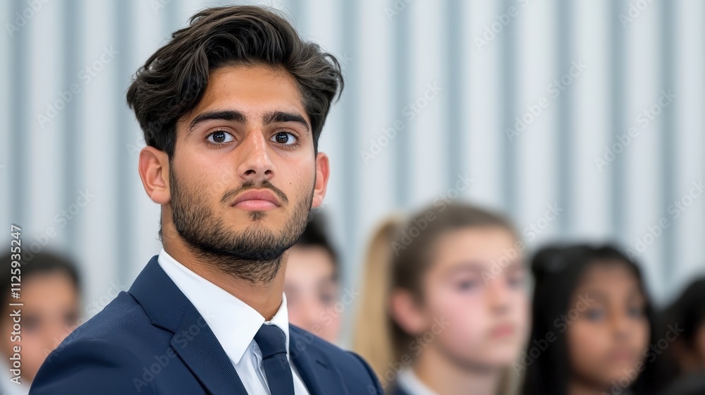 Young Man in Suit Attentive Student Classroom Focus Education Concept Young Man in Suit Attentive Student Classroom Focus Education Concept
