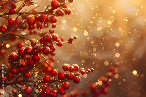 a branch of red berries with the sun behind it. Generative AI