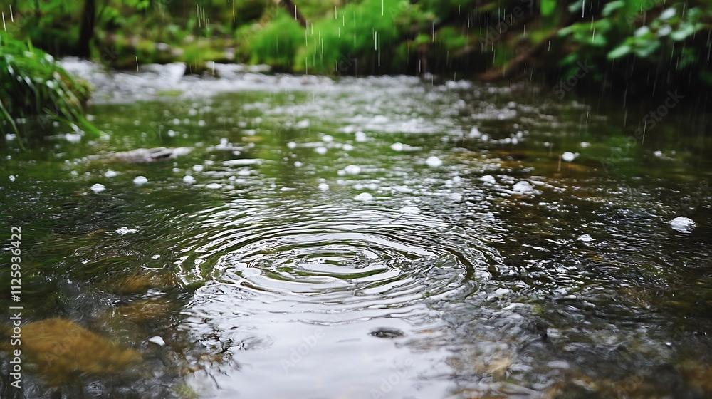 A serene stream with ripples created by raindrops, surrounded by lush greenery. A serene stream with ripples created by raindrops, surrounded by lush greenery.