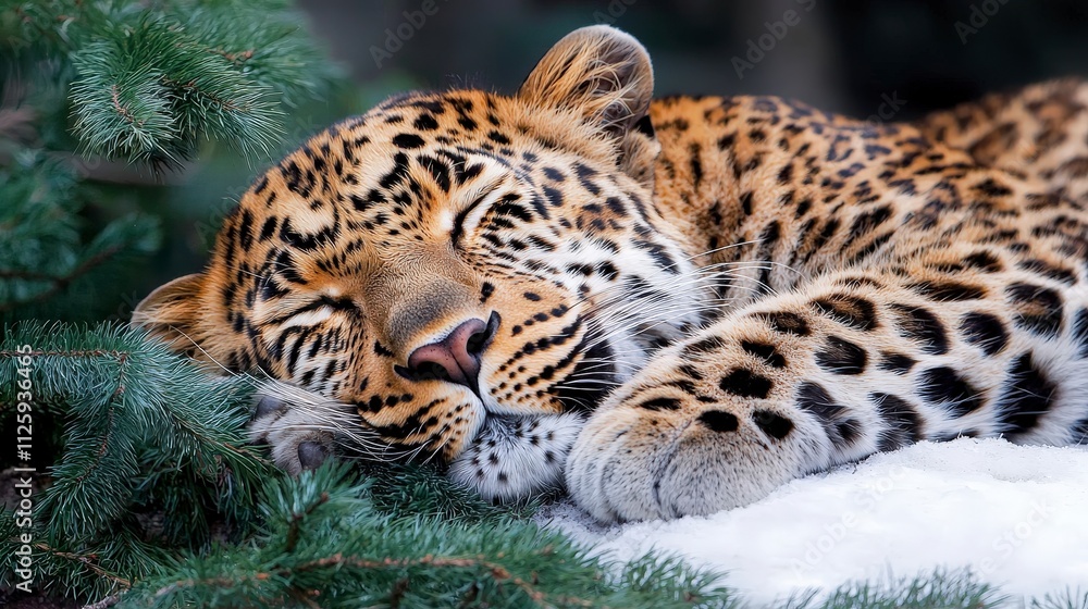 Naklejka premium Sleeping Leopard in Winter Snow Majestic Wildlife Photography