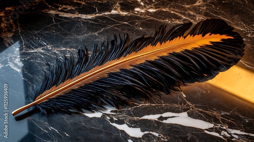 Black and Gold Ostrich Feather on Marble Surface AI Generated photo