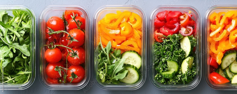 Fresh vegetables in clear containers, including tomatoes, peppers, cucumbers, and greens, arranged aesthetically for healthy eating. Fresh vegetables in clear containers, including tomatoes, peppers, cucumbers, and greens, arranged aesthetically for healthy eating.