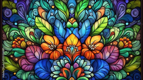 17.Colorful stained glass-style illustration of a peacockâ€™s tail with tropical flowers and feathers, arranged in a whimsical, abstract design; the composition blends apophysis and surrealism, with