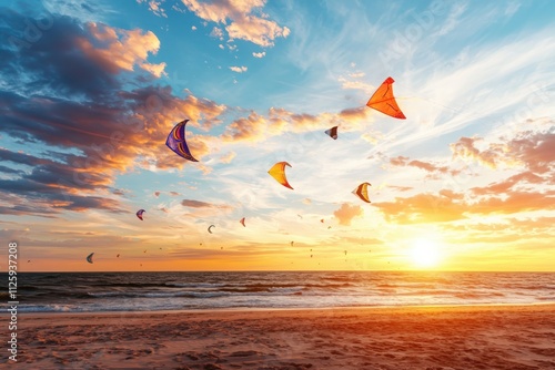 Kites flying above a sandy beach at sunset colorful sky composition vibrant environment scenic viewpoint whimsical concept for seo impact