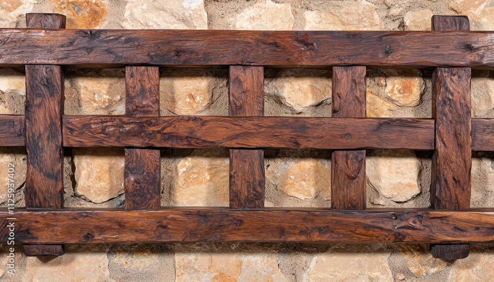A wooden lattice panel mounted on a stone wall. A wooden lattice panel mounted on a stone wall.