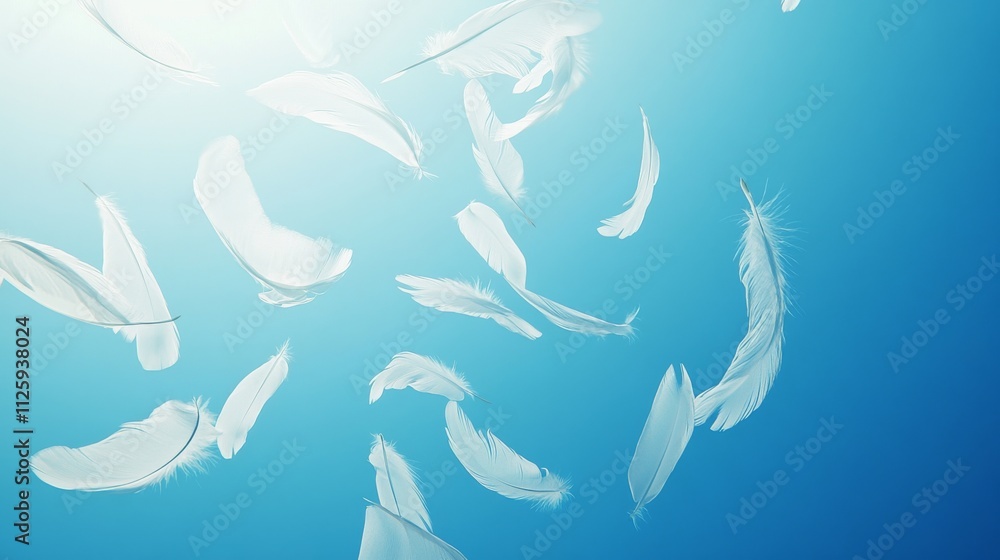 56.3D wallpaper concept of delicate white feathers floating effortlessly in a bright blue sky; the feathers appear weightless and soft, drifting apart in a harmonious arrangement that captures a 56.3D wallpaper concept of delicate white feathers floating effortlessly in a bright blue sky; the feathers appear weightless and soft, drifting apart in a harmonious arrangement that captures a