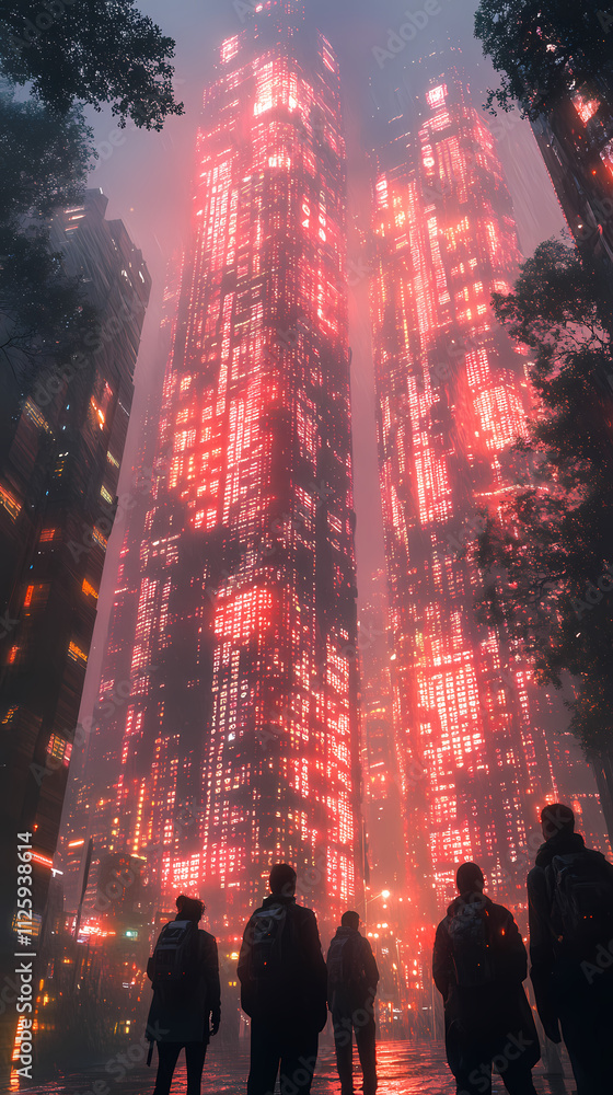 Obraz premium Standing in the city, a group of young people gazed at the towering skyscrapers made completely from data and code.