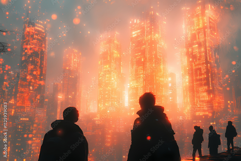 Standing in the city, a group of young people gazed at the towering skyscrapers made completely from data and code. Standing in the city, a group of young people gazed at the towering skyscrapers made completely from data and code.