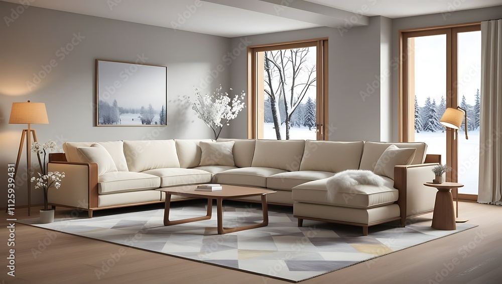 Fototapeta premium Modern living room with large sectional sofa, rug, and winter view.