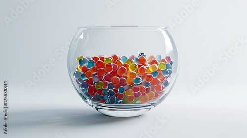 A transparent glass bowl filled with colorful jelly beans, isolated on a white background.