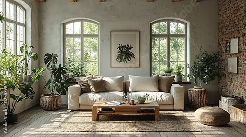 Bright living room with sofa, plants, and large windows.