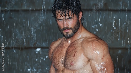 Shirtless muscular man with wet hair and beard, standing in the rain against a dark background.